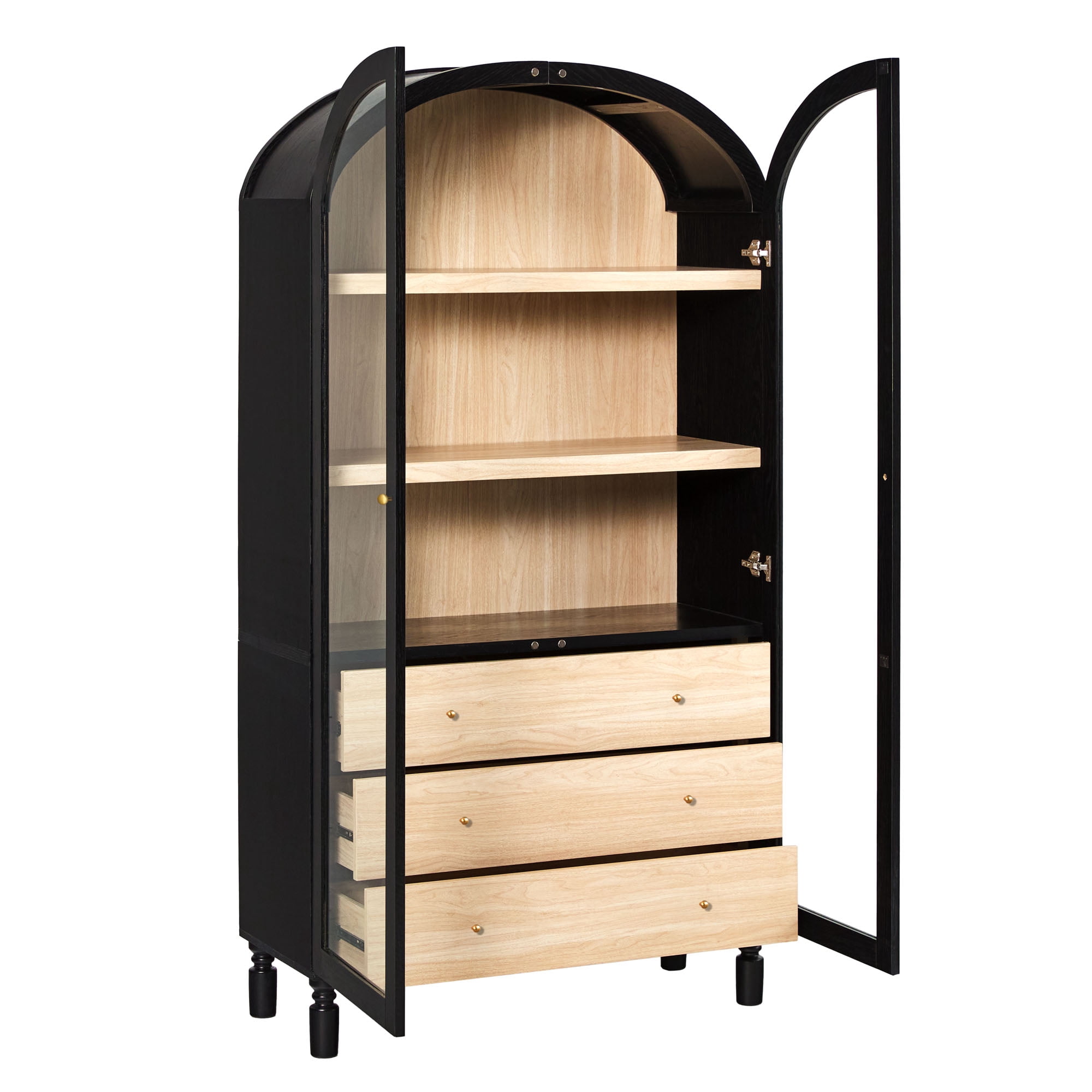 Walker Edison Modern Arched Bookshelf Tall Glass Door Cabinet with Inner Drawers, Black
