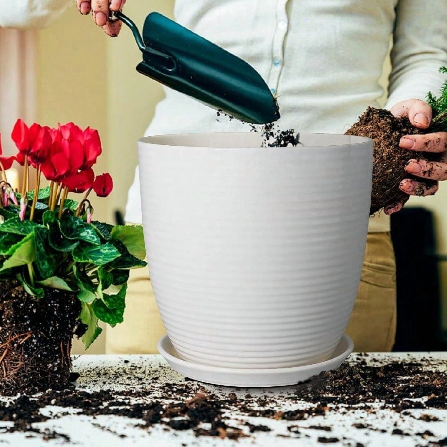 12 Inch Ceramic Planter Pot, Large Planter with Drainage Hole and Saucer Round Flower Pot for Indoor Outdoor Plants, White