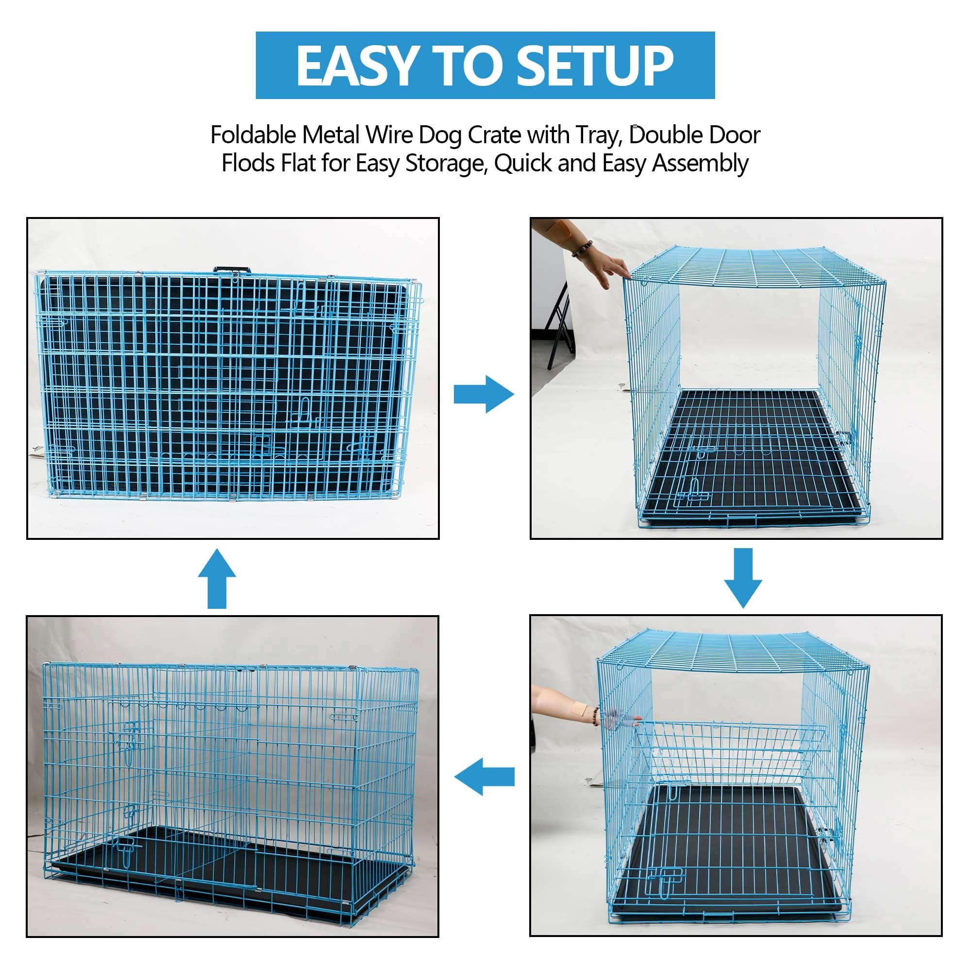 Heavy Duty XXL Dog Crate 48 Inch Metal Wire Folding Cage for Large Dogs, Removable Tray Double Door Divider Panel Handle, Pet Kennel Indoor Outdoor Use, Blue