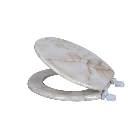 Dream Bath Heavy Duty Round Toilet Seat with non-slip seat and quick-attach easy install hardware, Marbleized Wood Beige