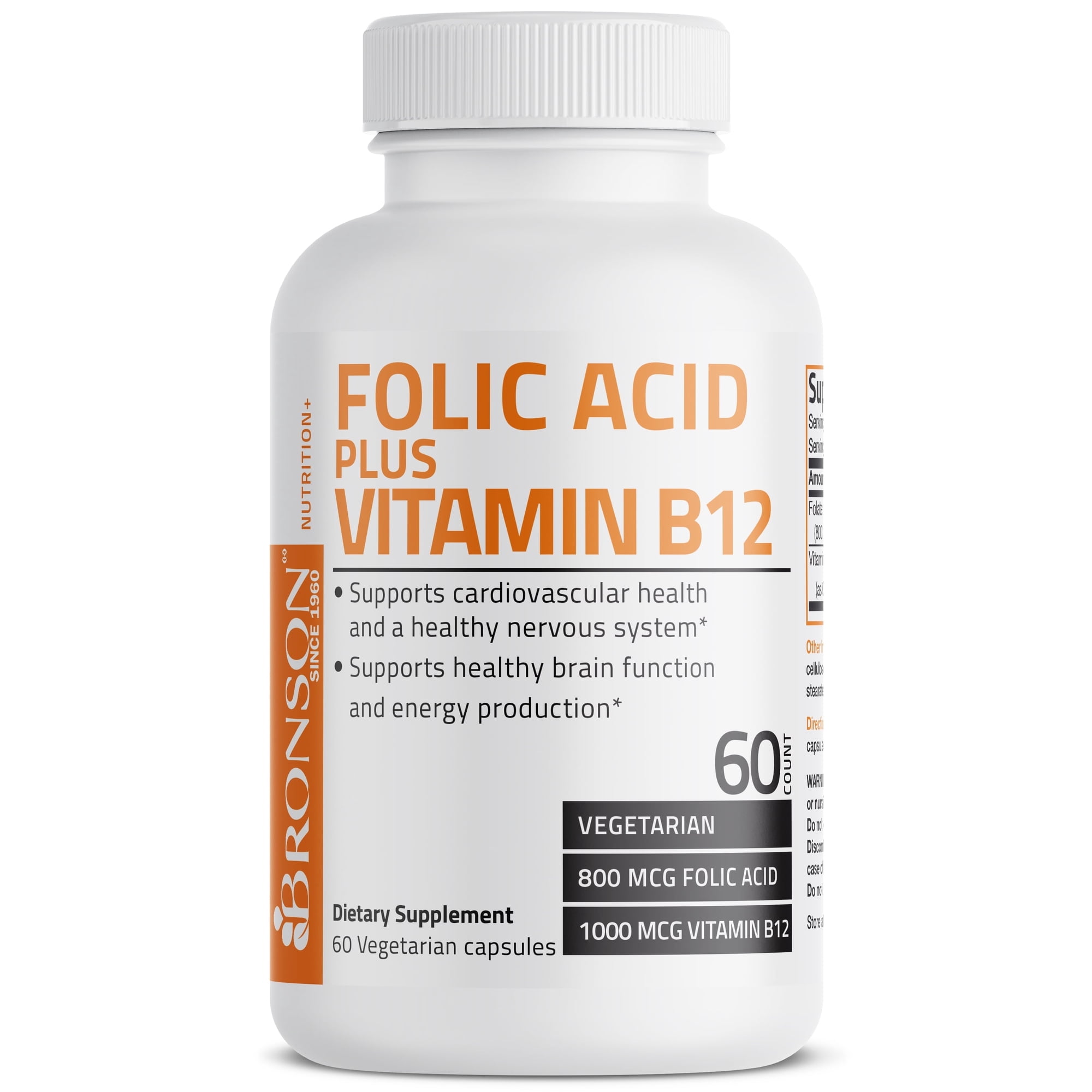 Bronson Folic Acid 800 mcg + Vitamin B12 1000 mcg, 60 Vegetarian Capsules