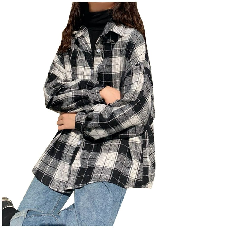 Herrnalise Women's Casual Fashion Plaid Pocket Button Coat Shirt Top Winter  Clothes for Women Cheap 