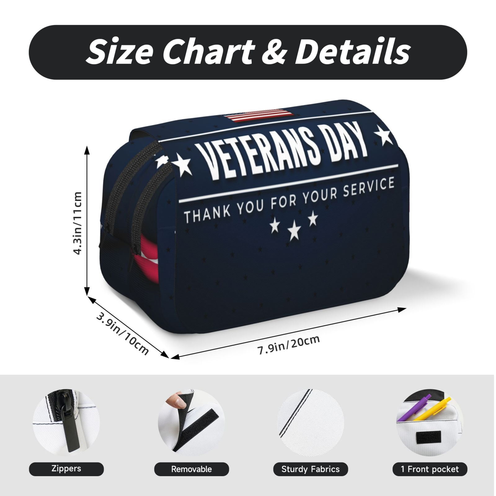 Rateoe Happy Veterans Day Pattern Double Clamshell Pen Case, Storage Organizer with Two Zipper Compartments– Holds Up to 50 Pencils & Pens