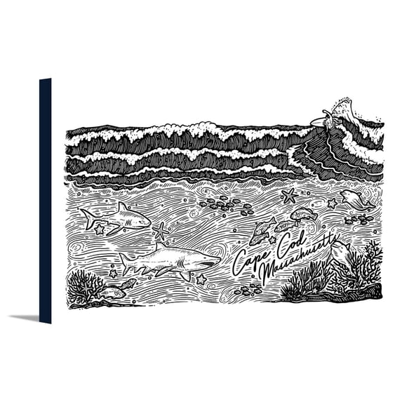 Cape Cod, Massachusetts - Ocean Scene - Etching - Lantern Press Artwork (24x16 Gallery Wrapped Stretched Canvas)