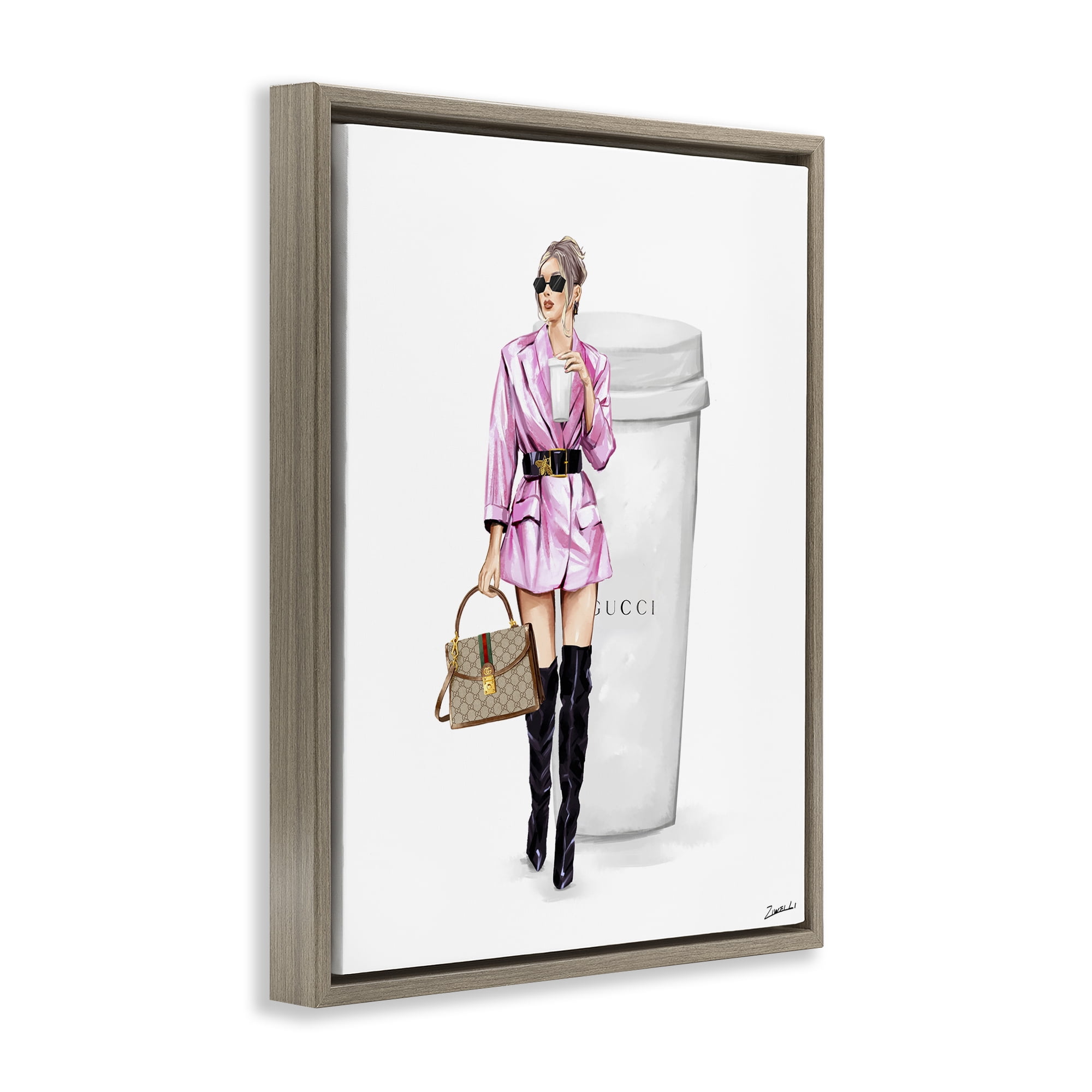 Stupell Industries Glam Woman with Coffee People Painting Brown Floater Framed Canvas Art Print Wall Art, 17 x 21