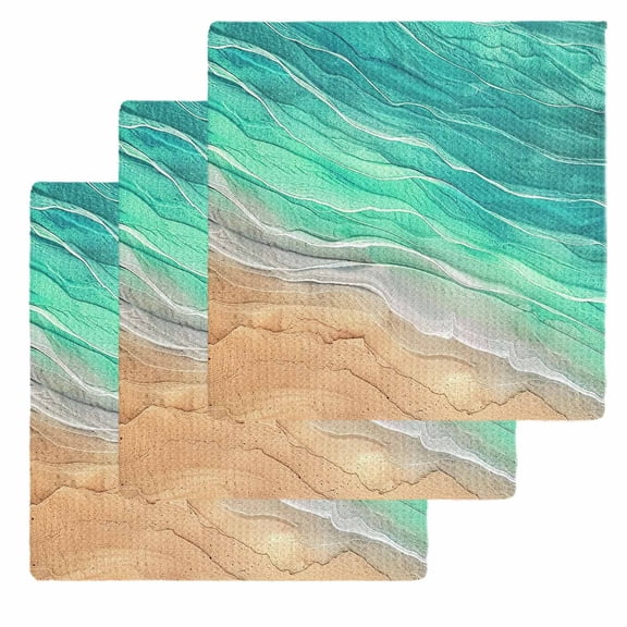 Teal Ombre Coastal Kitchen Dish Towels for Drying Dishes Set of 3, Summer Nautical Beach Ocean Seaside Waffle Weave Microfiber Hand Tea Bathroom Towels Quick Dry & Absorbent Towel 12x12