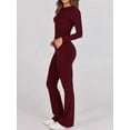 thumbnail image 6 of Women'S 2 Piece Matching Lounge Set Long Sleeve Slightly Crop Top Wide Leg Pants Casual Sweatsuit Wine Red S, 6 of 9
