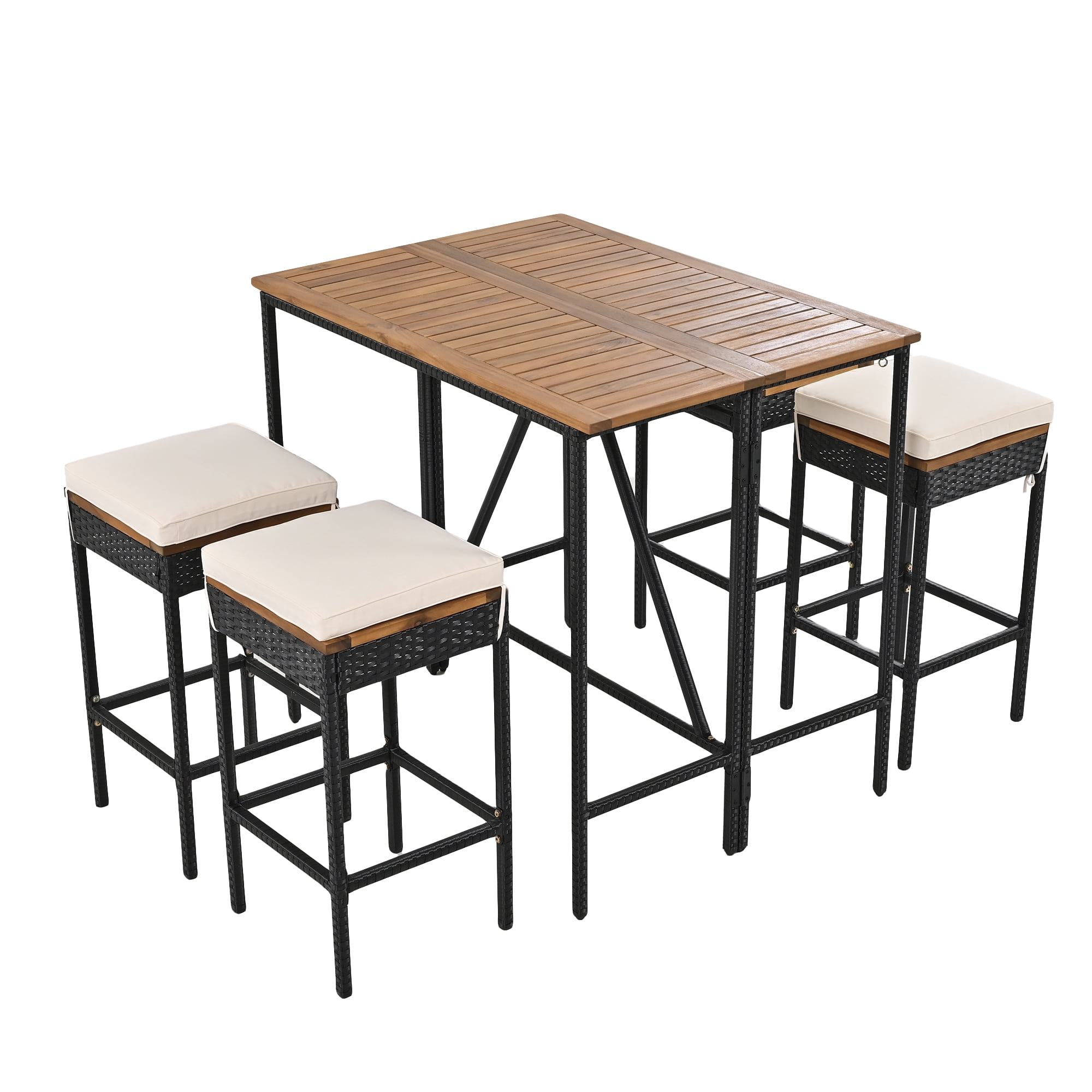 Foldable 5-Piece Outdoor Acacia Wood Bar Height Table Set with 4 Stools and Cushions, PE Rattan Wicker Dining Table for Patio Garden Deck, Brown