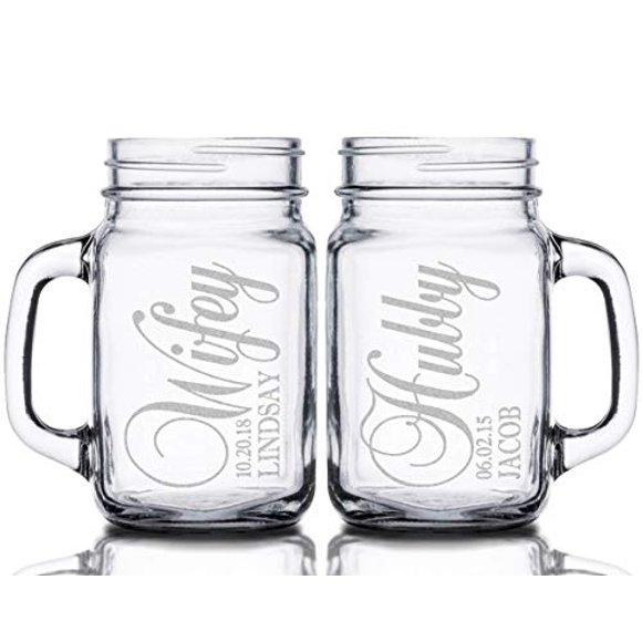 Ensemble de 2 Pots Mason Personnalisés pour Mariés et Épouses, Tasses à Boire Personnalisées Gravées sur Mesure pour Mariage, Fiançailles, Anniversaire, Fête Nuptiale, Cadeau de Faveur pour Jeunes Mariés, Couple, Gravé au Laser