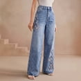 thumbnail image 4 of Women's High Waist Floral Embroidery Wide Leg Jeans Vintage Washed Straight Trousers for Spring Autumn Daily Commute, 4 of 6