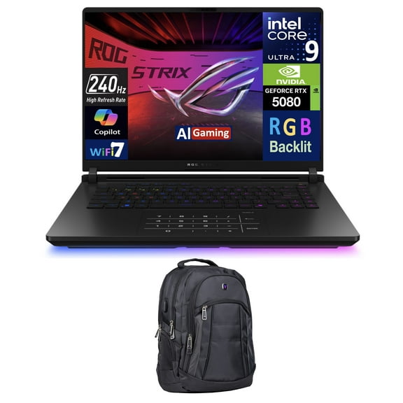ASUS ROG Strix AI Gaming Laptop 16.0in 240Hz Mini LED WQXGA Display (Intel Ultra 9- 275HX, GeForce RTX 5080 16GB, 32GB DDR5, 2TB SSD, RGB KB, 2 Thunderbolt 5, WiFi 7, Win 11 Pro) w/Premium Backpack