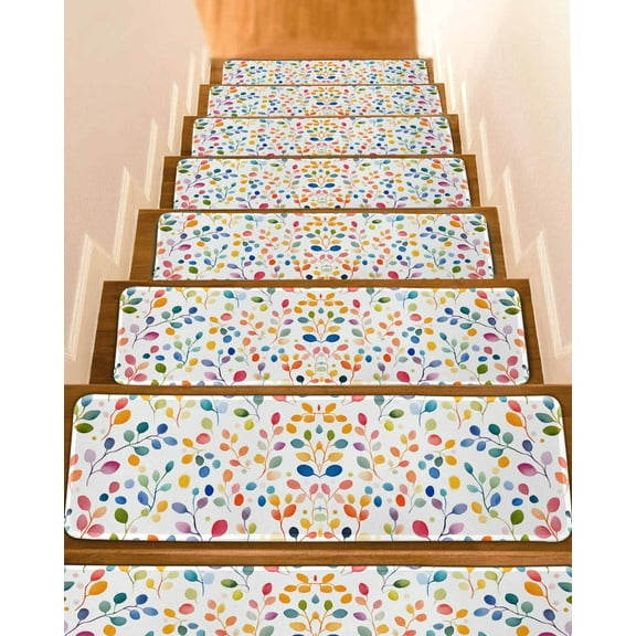 Colorful Leaves Stair Treads for Wooden Steps Indoor Runner Rug Carpet, Modern Boho Painting Plant Branch 7 Pieces Peel and Stick Staircase Step Treads Covers Washable Throw Door Mats, 30"x8"