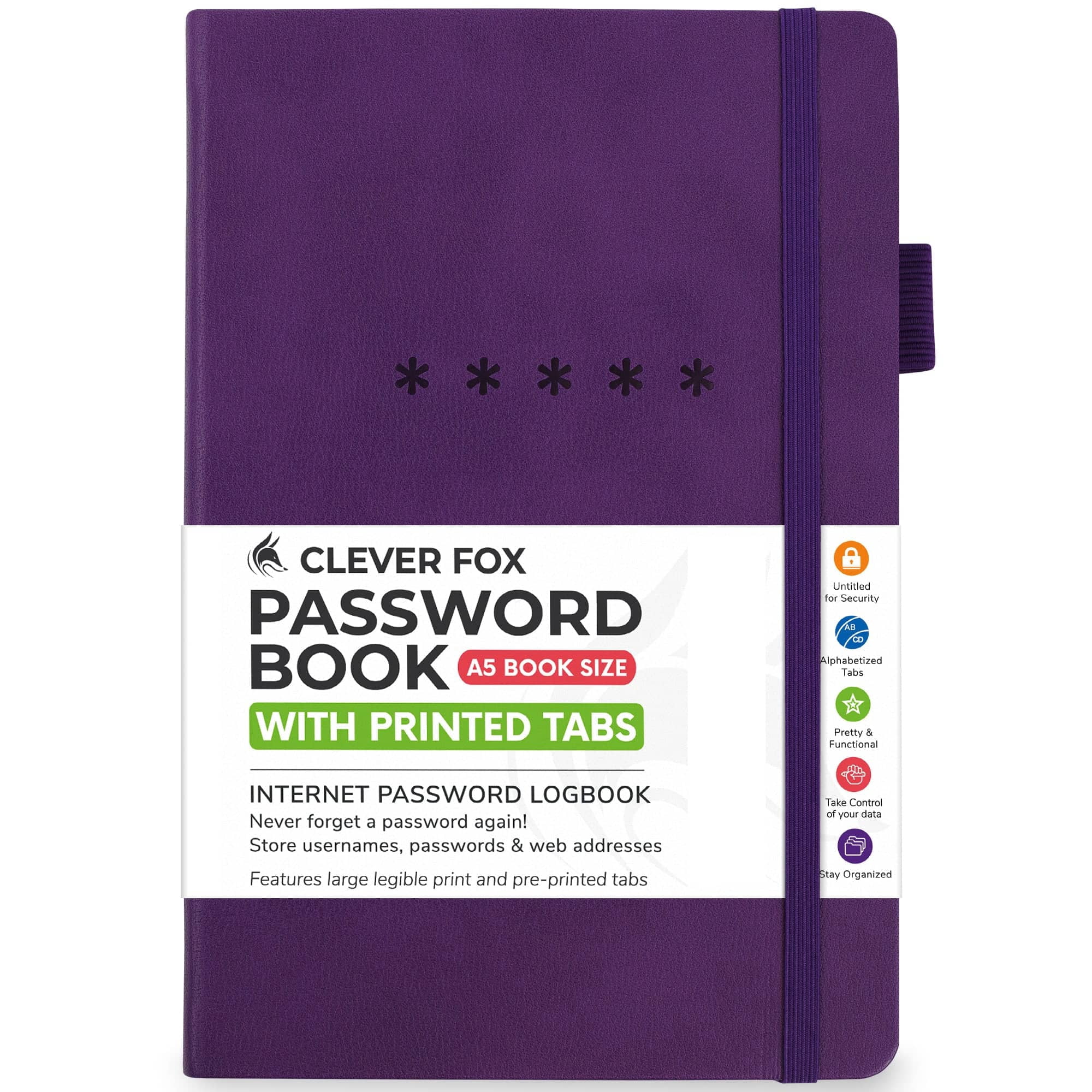 Clever Fox Password Book – Alphabetized Internet Address & Password Organizer – Computer & Website Password Keeper Notebook – Log-In Password Journal - Medium, A5, 8.3x5.8″, Hardcover (Purple)