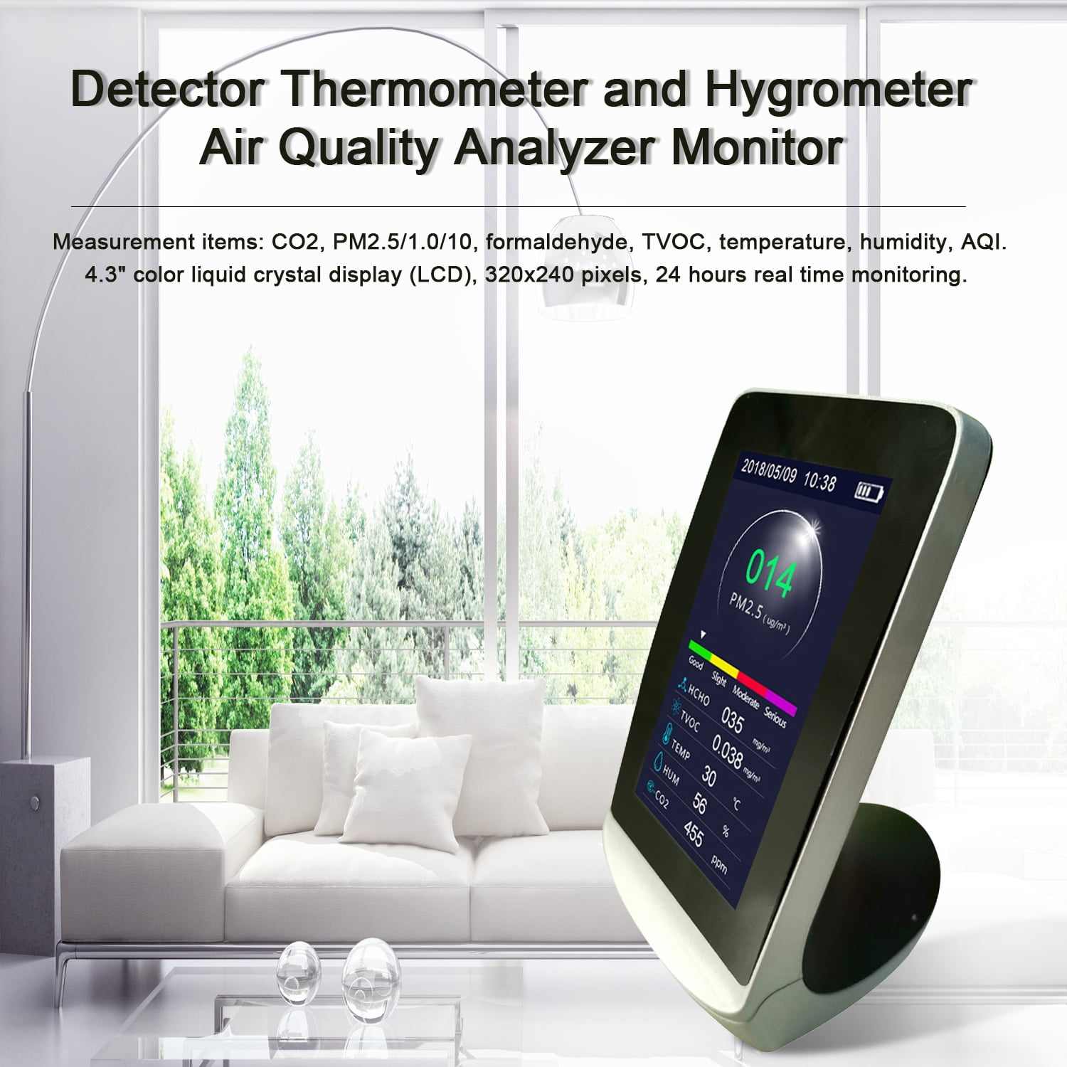 CO2 Meter,KKmoon 4.3 Inch Digital LCD Display Multifunctional Professional CO2 Detector Thermometer and Hygrometer Air Quality Analyzer Monitor