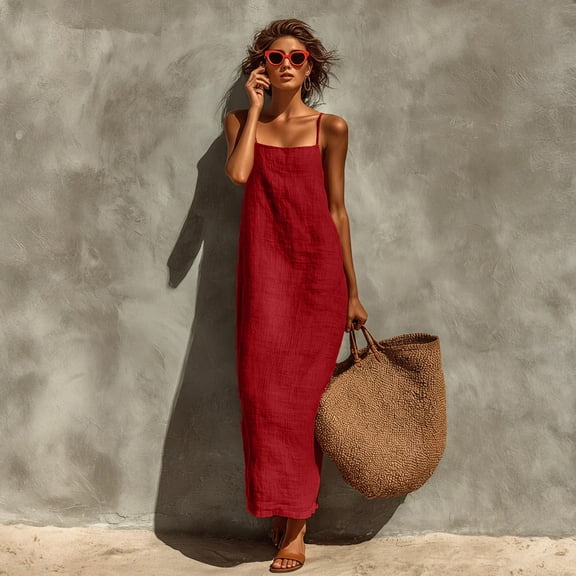 Cotton Linen Dresses for Women Sleeveless Backless Cami Dresses Casual Loose Vacation Sundress, L