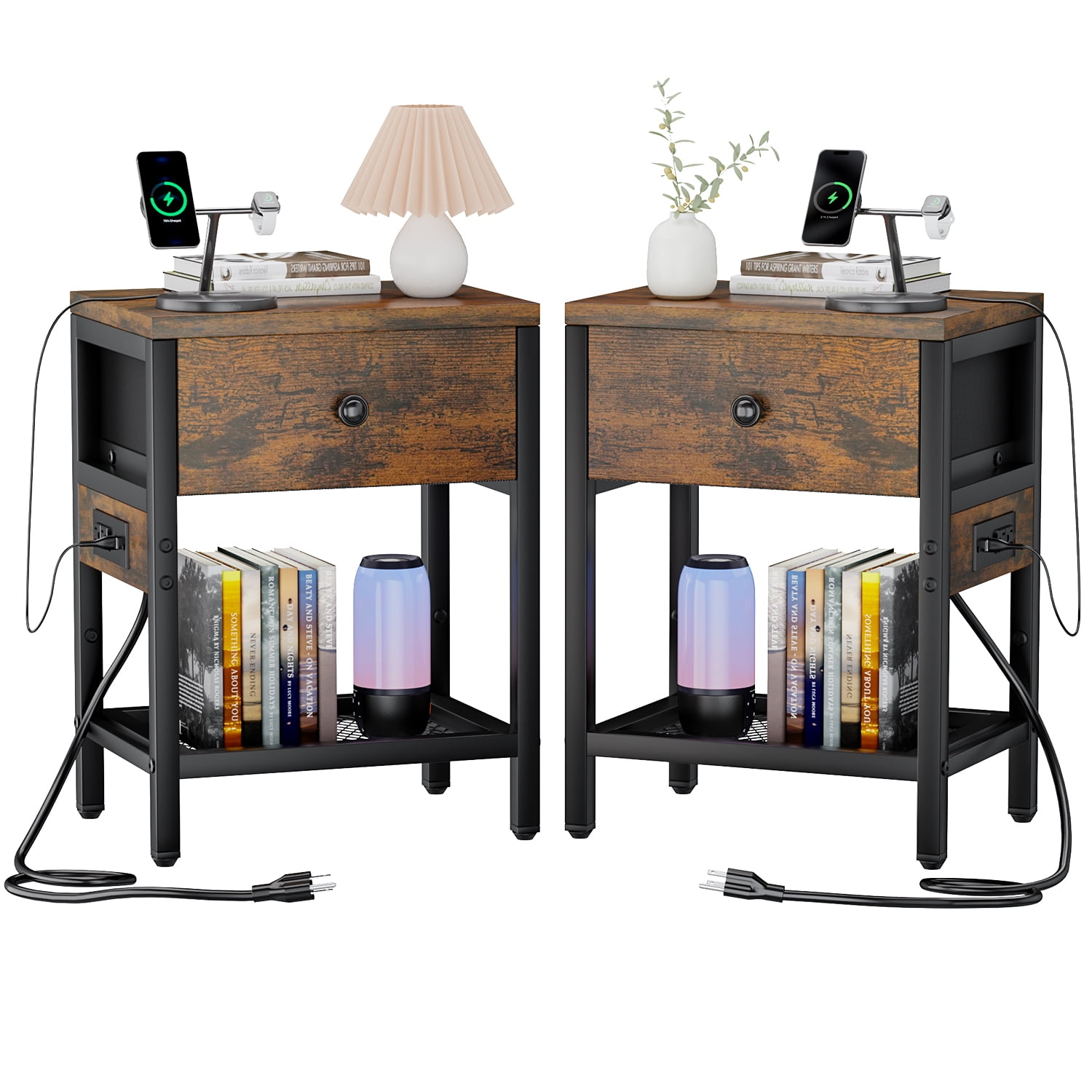 Behost Rustic Brown Nightstand with Charging Station, Side Table with Fabric Drawer, 3 Tiers End Table for Living Room, Bedroom