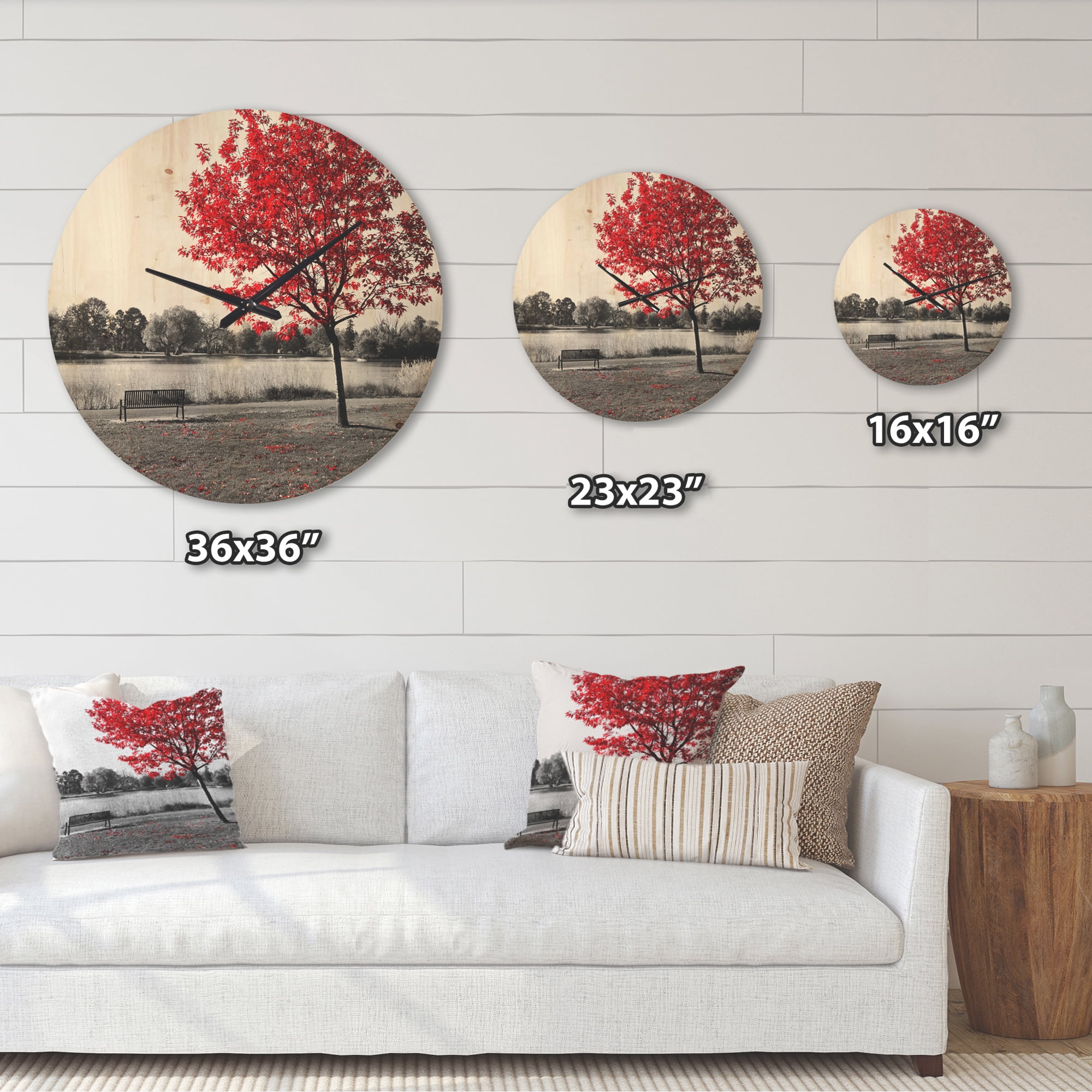 Designart 'Red Tree over Monochrome Park Bench' Modern Wood Wall Clock