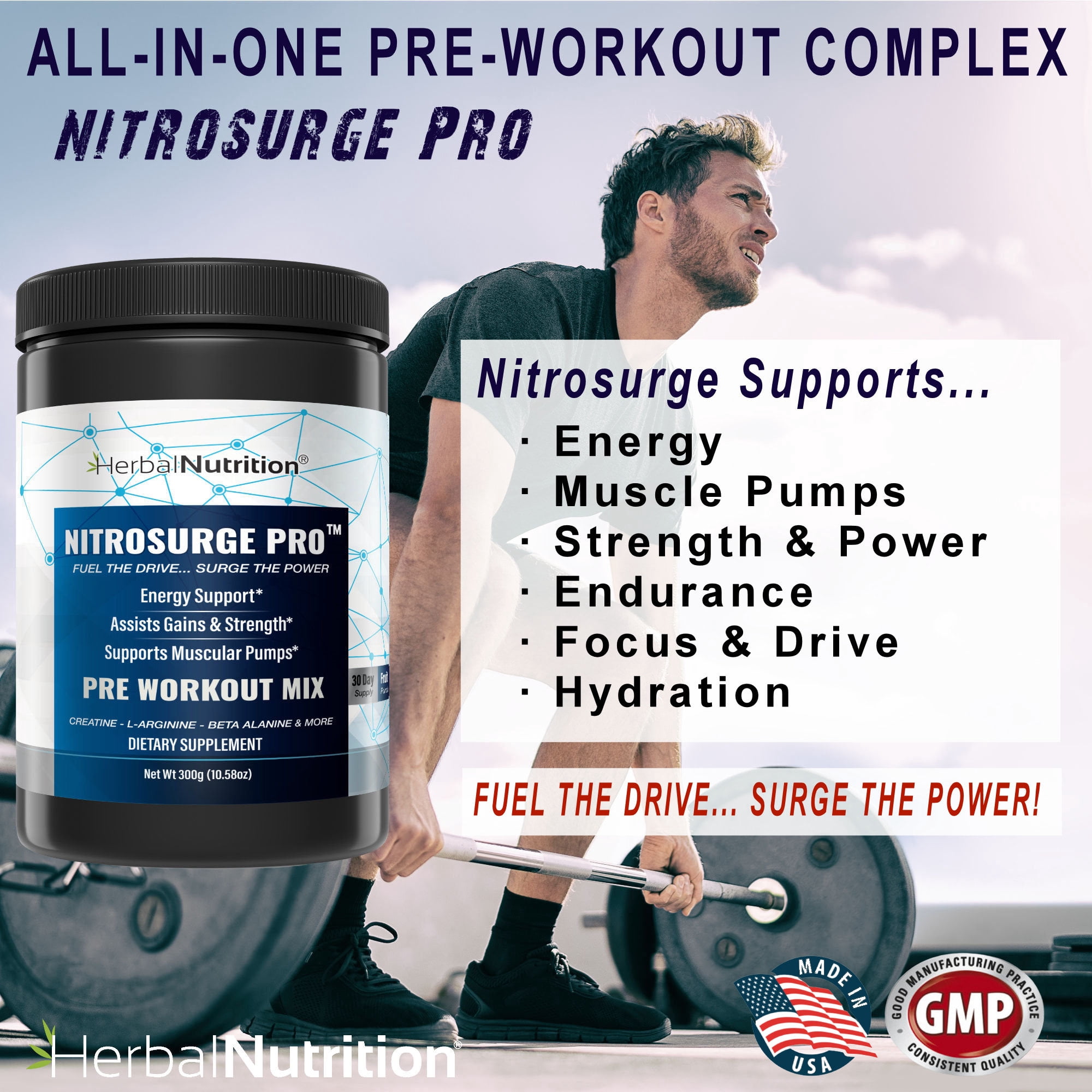 Nitrosurge Pro Pre Workout Powder with Creatine, Nitric Oxide & Energy Support Formula, 300g