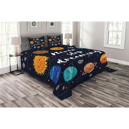 Quote Bedspread Set, Outer Space Planets and Star Cluster Solar System Moon and Comets Sun Cosmos Illustration, Decorative Quilted Coverlet Set with Pillow Shams Included, Multi, by Ambesonne
