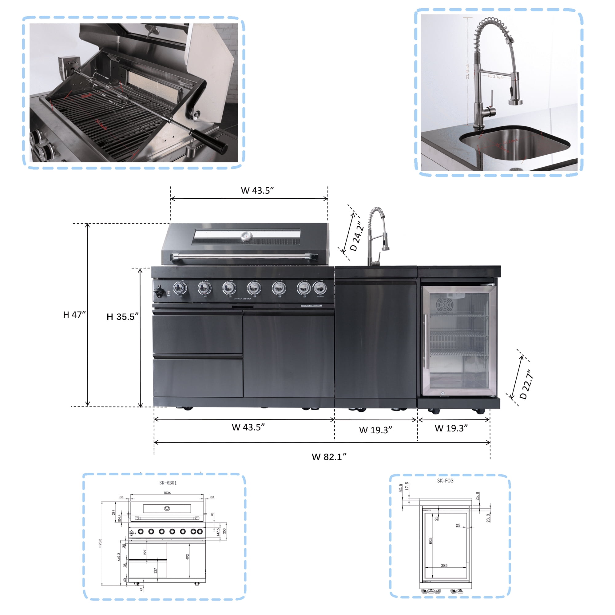 Stainless Steel 43-inch 6-Burner 85000 BTU Deluxe  LP Gas Outdoor Kitchen Bar Barbecue Island Grill + Wine Cooler Compact Refrigerator + Rotisserie Kit + Granite Countertops + Stainless Steel Sink
