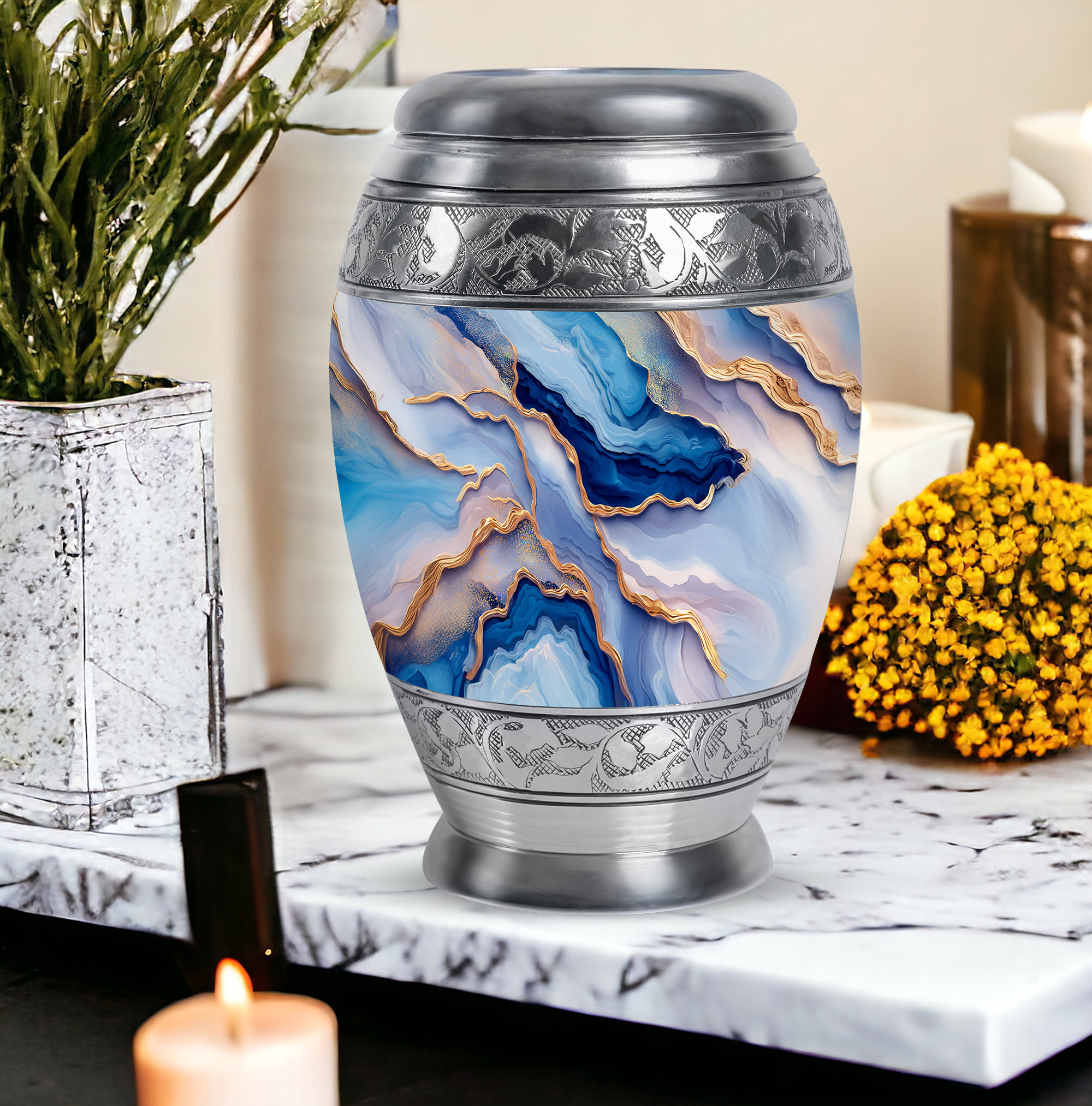 SABURIAL Blue Cremation Urns for Adult Ashes Male - Decorative Urns for Mom & Dad Ash - Cremation Urn for Human Remains - Handcraft Urn for Adult Female - Large Size 10 Inch with Velvet Bag
