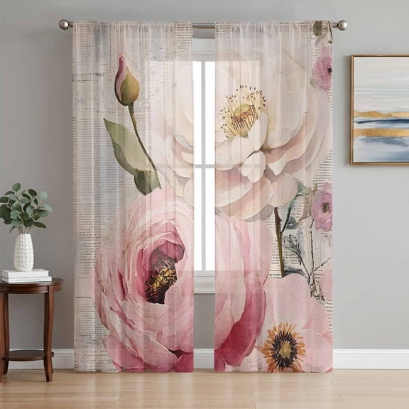 Pink White Spring Floral Semi Sheer Curtains 63 Inch Length 2 Panels Set, Vintage Flowers Watercolor Sheer Kitchen Curtain Privacy Voile Window Curtain for Living Room Bedroom Rod Pocket Drapes