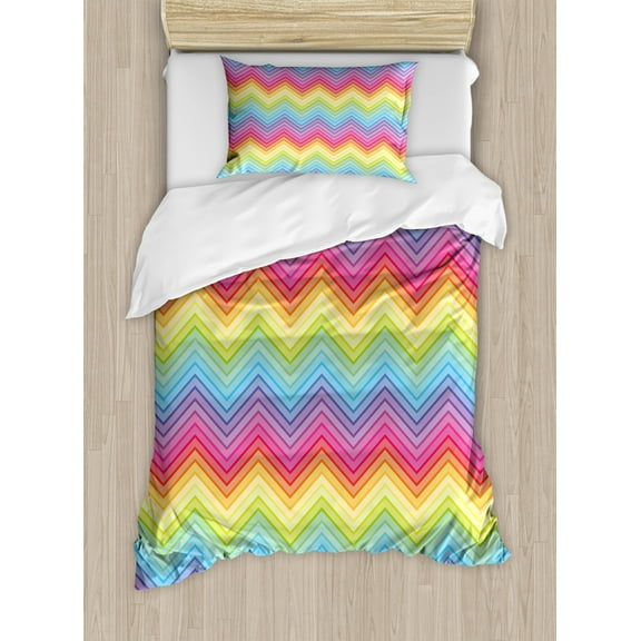 Rainbow Duvet Cover Set, Colorful Zig Zag Chevron Pattern Geometric Modern Sharp Design Illustration, Decorative 2 Piece Bedding Set with 1 Pillow Shams, Twin Size, Multicolor, by Ambesonne