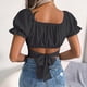 thumbnail image 4 of Blusa de gasa tipo corto Cinturón con lazo Espalda Manga abullonada Camiseta de gasa plisada para citas Lady Negro M, 4 of 6