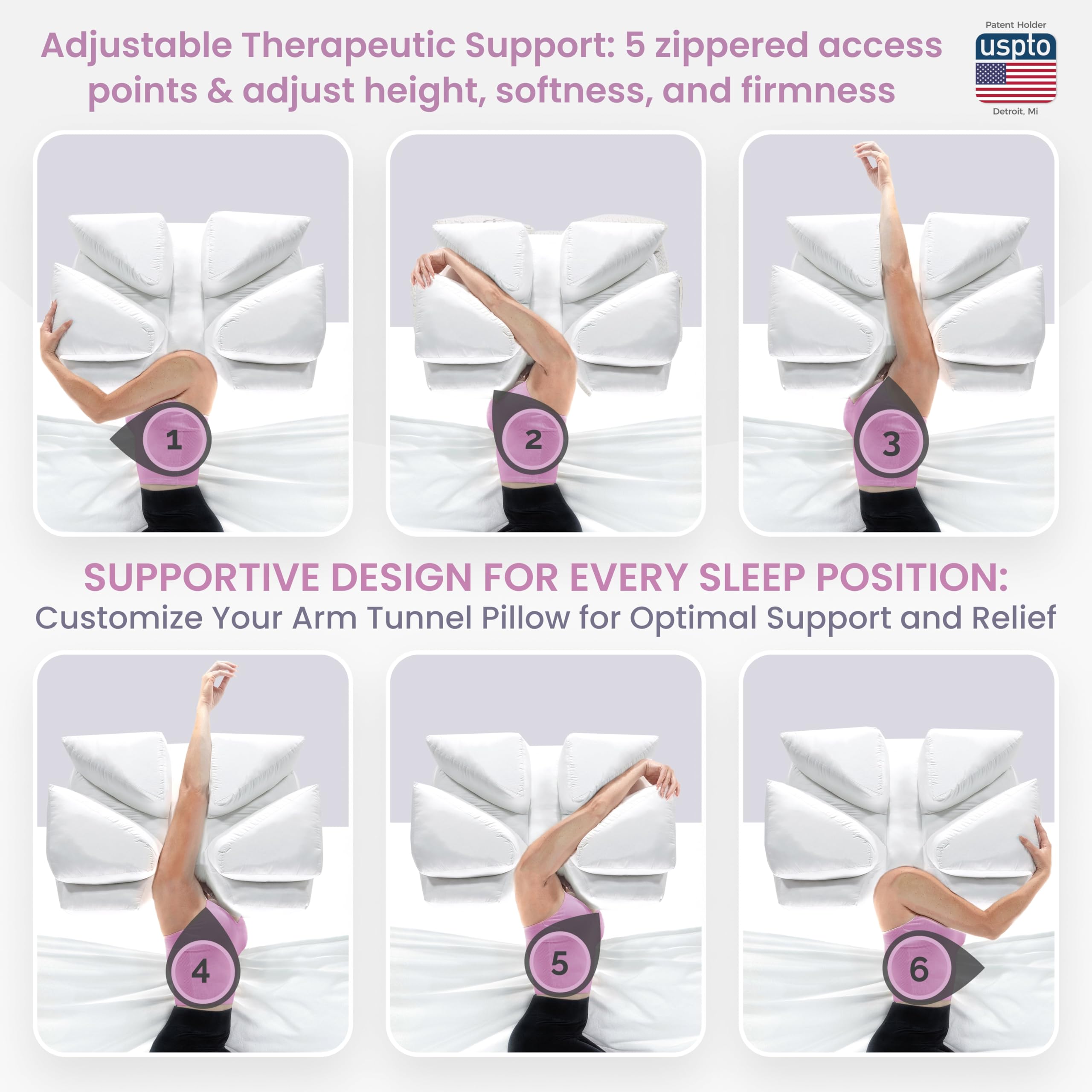 Adjustable Side Sleeper Pillow with Arm Tunnels for Shoulder Pain, Rotator Cuff Support, Arm & Shoulder Relief - Pressure-Free Sleep Pillow for Adults - Down Alternative Fiber Fill