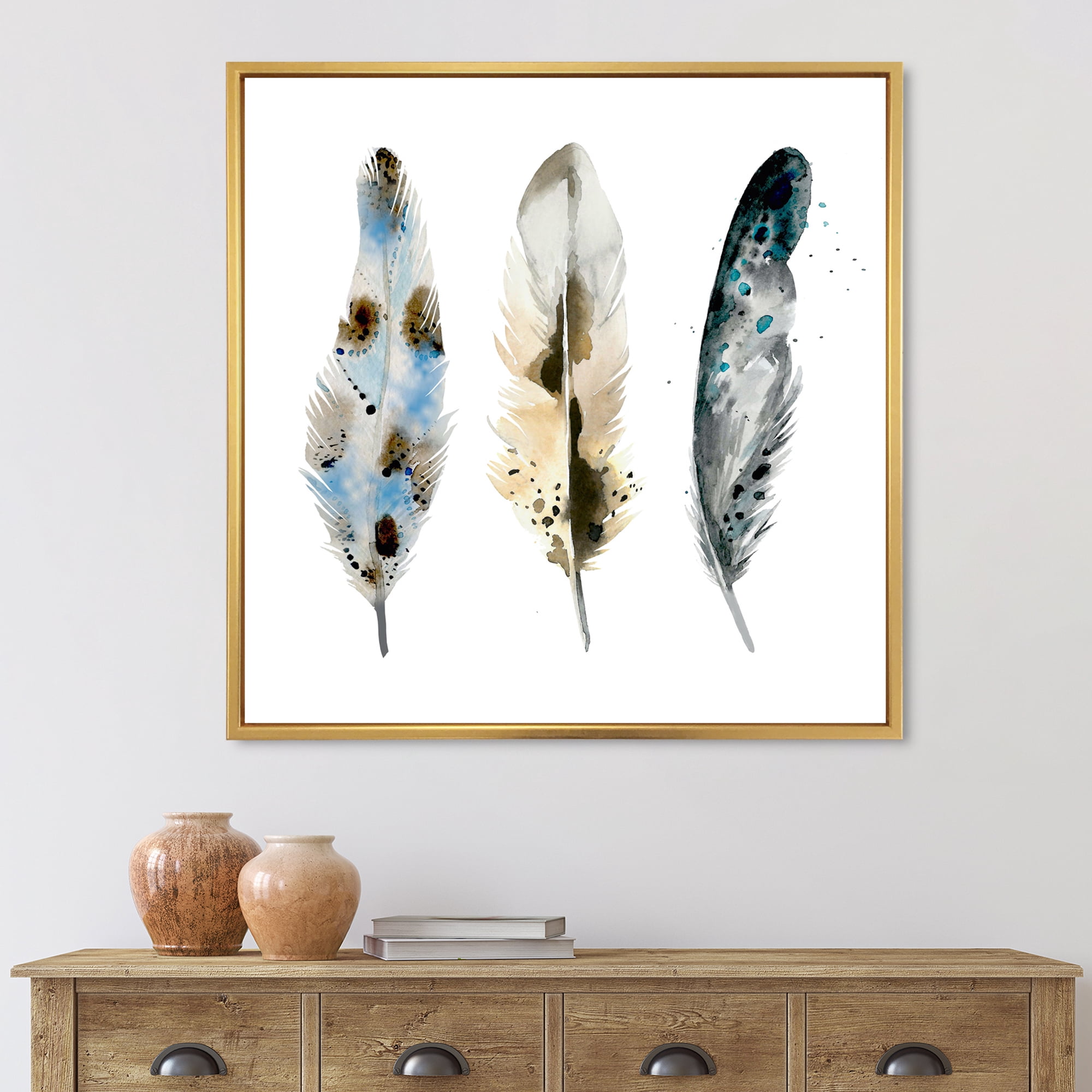 Designart 'Colourful Boho Art Feathers V' Bohemian & Eclectic Framed Canvas Wall Art Print