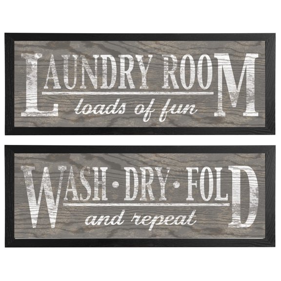 Classic Grey Laundry Signs on Wood-panel Style Background; Two 18x6in Black Framed Prints