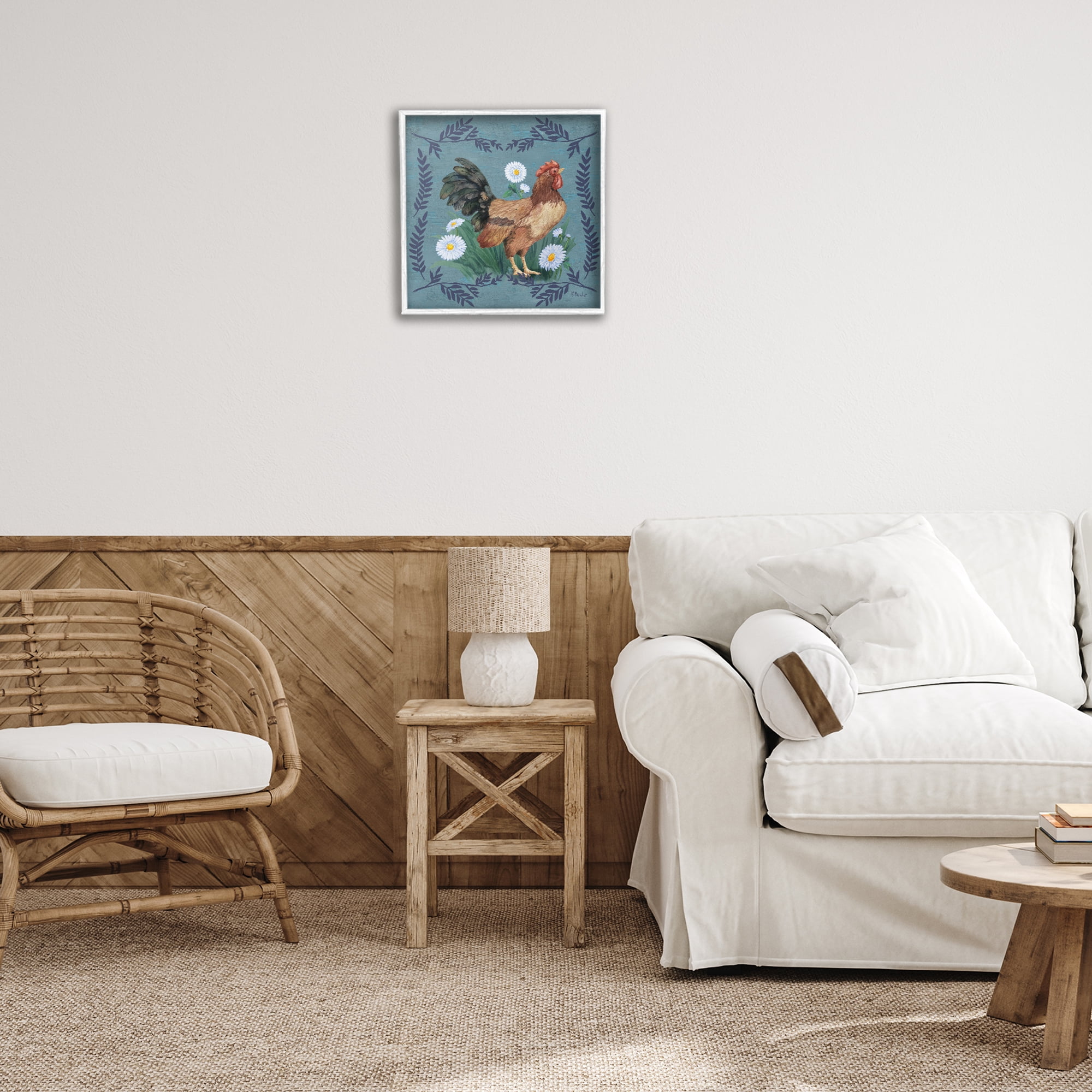 Stupell Industries Rooster & Daisies Animals & Insects Painting White Framed Art Print Wall Art, 17 x 17