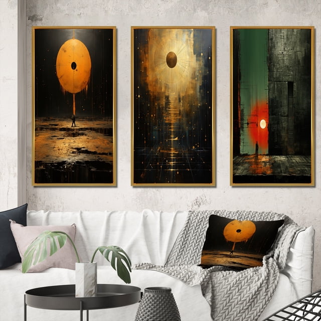 Designart "Urban Solitude under the Full Moon" Modern Geometric Framed Wall Art Set Of 3 - Black Abstract Geometric Frame Gallery Wall Set For Home Decor