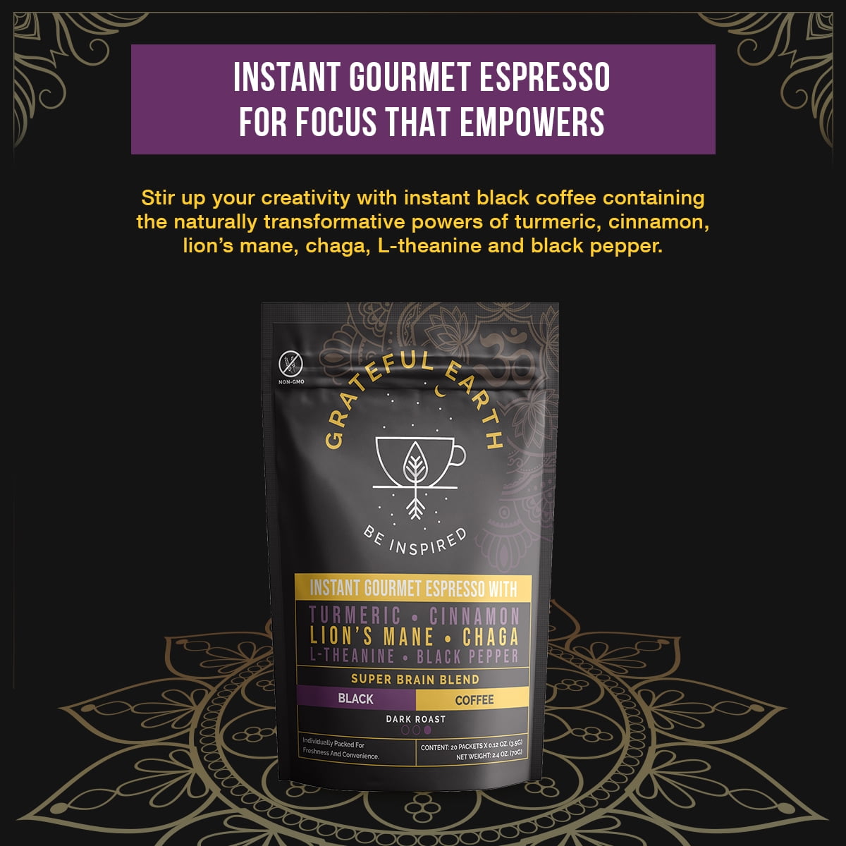 Grateful Earth Mushroom Coffee, Instant Espresso Dark Roast with Lion’s Mane & Chaga, 20 Packets