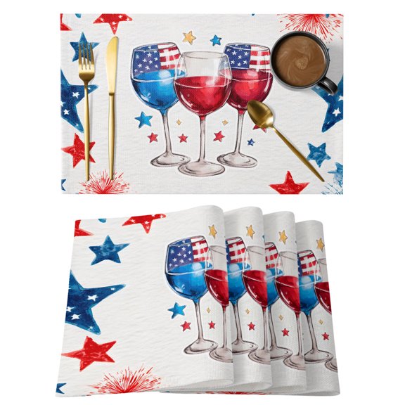 Independence Day Wine Placemats Set of 1, Patriotic American Flag Red Blue Star Firework Non-Slip Place Mats Washable Table Mats for Kitchen Dining Table Decorations Indoor/Outdoor