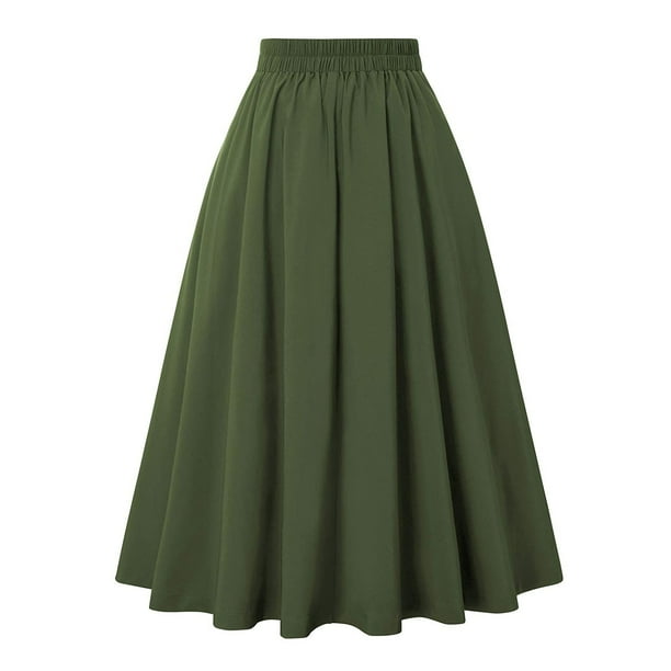 skater skirt midi dress Lovskoo Women's Vintage A-Line Skater Skirt Ankle Length High Waist Flowy Long Midi Dress with Pockets Olive Green M, Size: Medium