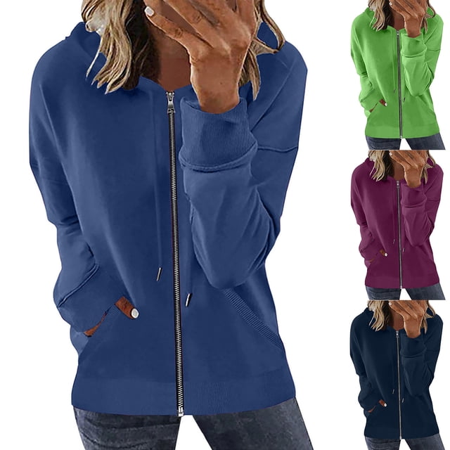 VEKDONE Womens Zip Up Hoodies Jackets Fall Long Sleeve Thin Fleece Coat Basic Solid Color Drawstring Hooded Jacket Soft Lightweight Athletic Outerwear Blue L
