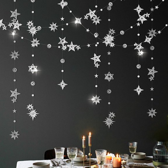 Cheerland Glitter Silver Star Garlands for Silver Party Decorations Starry Banner, 6 Pieces