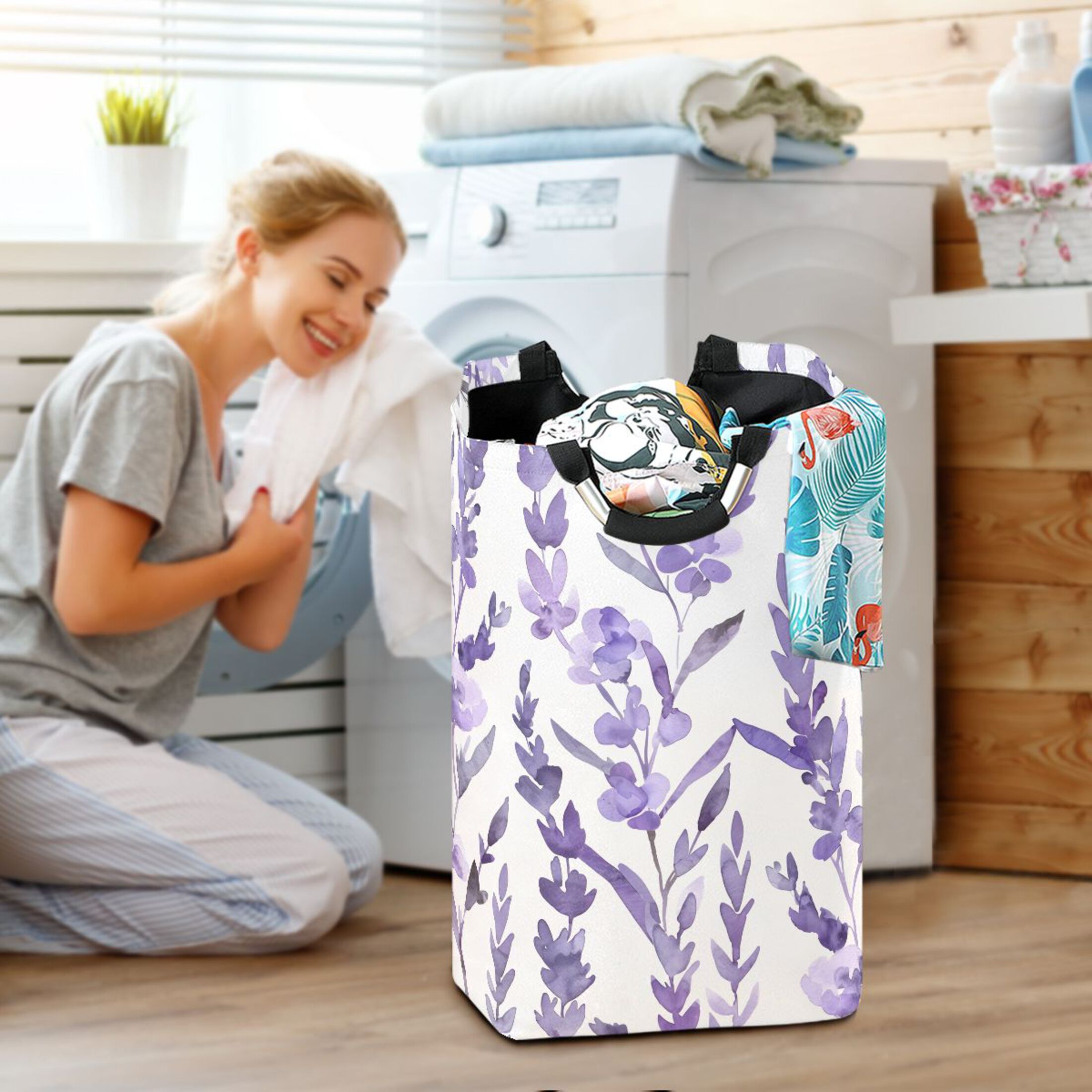 Lavender Watercolor Laundry Basket with Handles Foldable Laundry Hamper Freestanding Washing Bin 50L