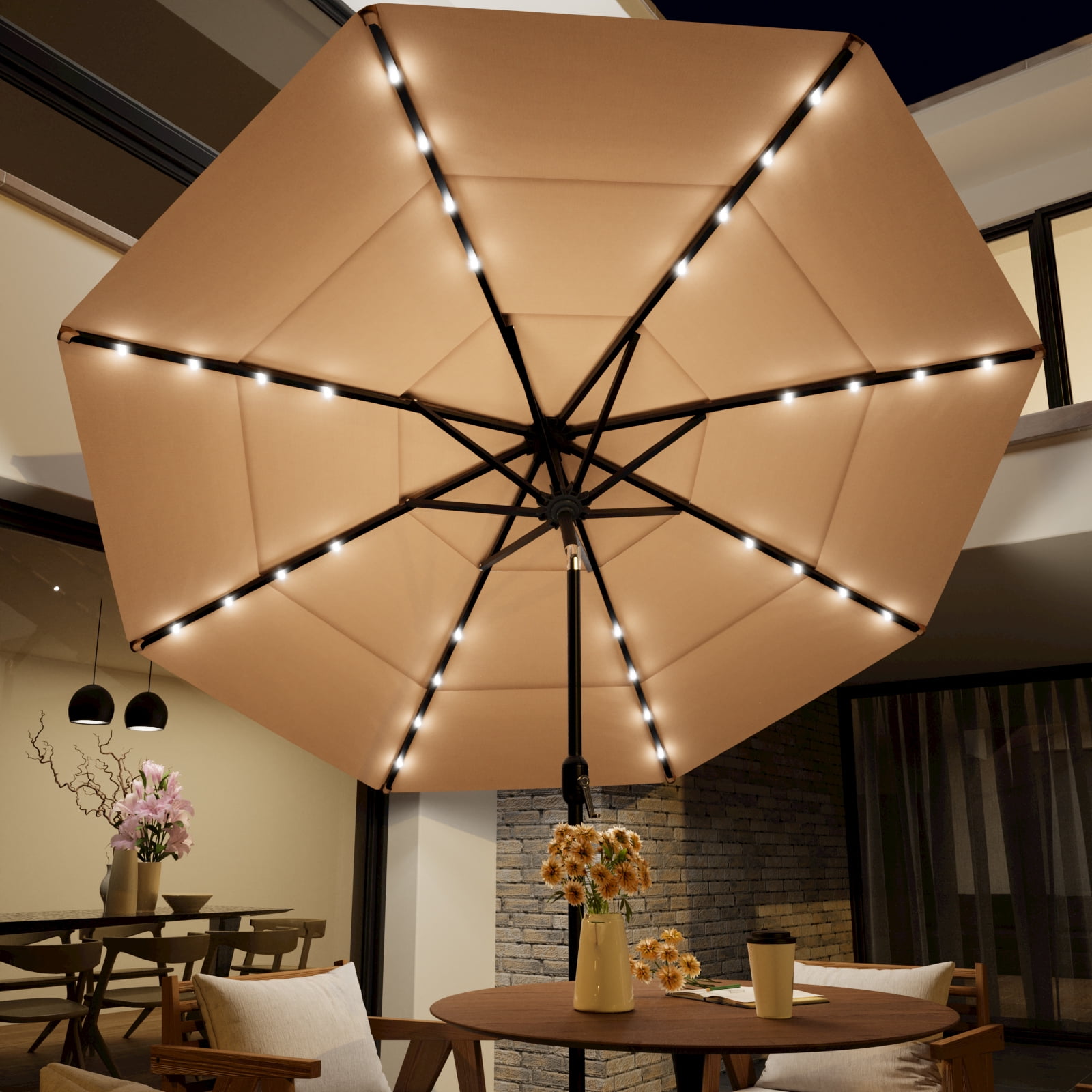 COSIEST 10FT Solar LED Patio Umbrella with Crank Lift,8-Rib Aluminum Outdoor Umbrella for Garden/Pool