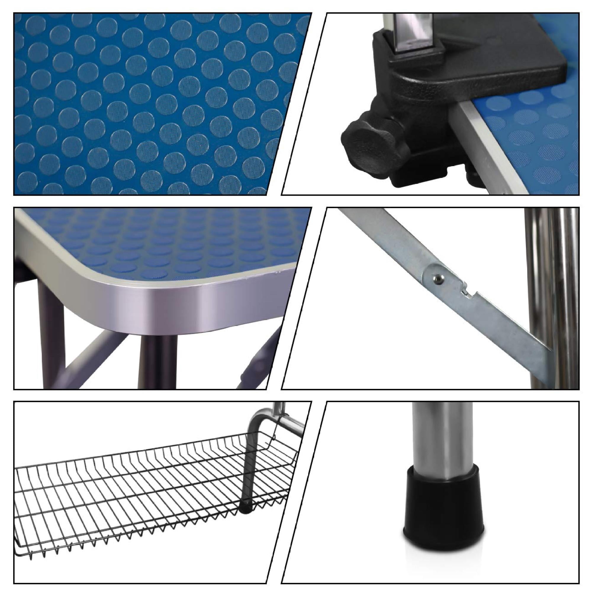 Leumius 46" Folding Pet Grooming Table with Adjustable Arm and Clamps Stainless Steel Frame for Dog and Cat Large Heavy Duty Animal Blue