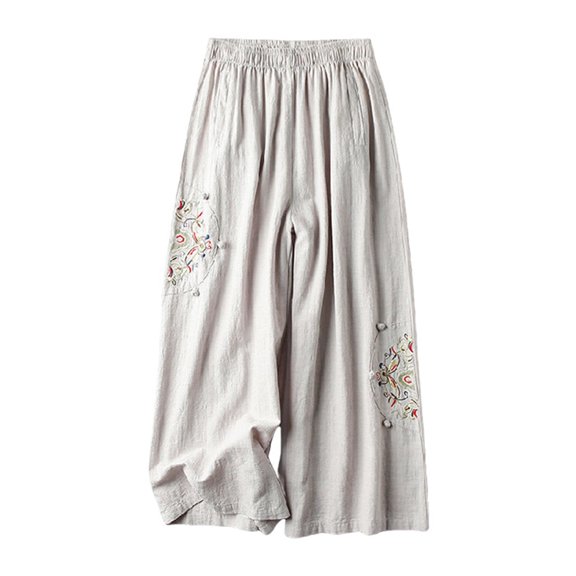 Casual Pants for Women Elastic Waist Linen Blend Wide Leg Culottes Casual Trousers with Pockets