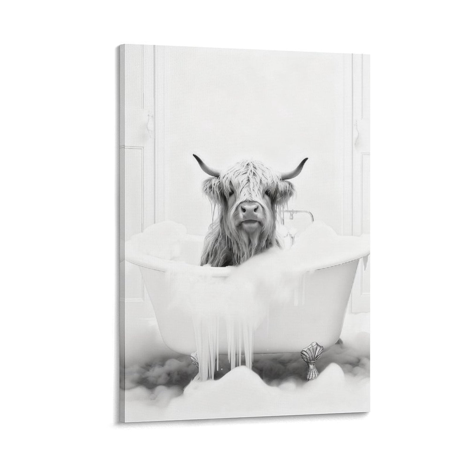 Funny Bathroom Framed Wall Art Black and White Animal Canvas Wall Art Prints Highland Cow In Bathtub Pictures Wall Decor Modern Minimalist Humorous Artwork For Restroom