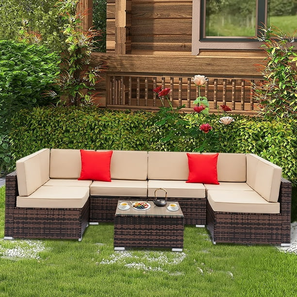 Outdoor Patio Sectional Sofa Set, 7 Piece Patio Furniture Set with 6 PE