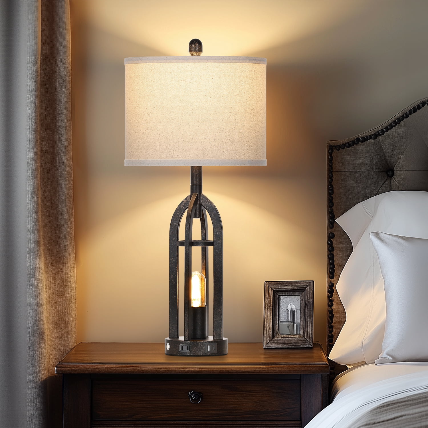 Cinkeda Table Lamps for Living Room Bedroom Set of 2 with USB A+C Ports AC Outlet Nightlight Industrial Gold 3 Way Dimmable Touch Control Bedside Nightstand Lamp