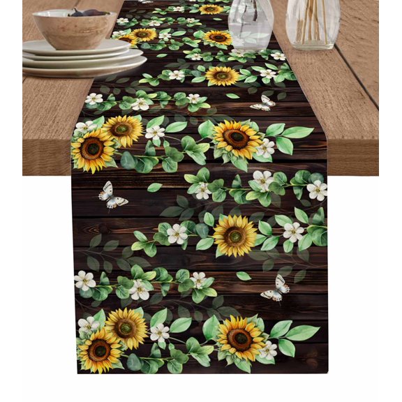 ERUNPONLY Sunflower Table Runner - 120 Inch Long Butterfly Flowers Green Leaf Brown Wood Grain Cotton Linen Blended Dress Scarves Farmhouse Table Runner for Kitchen Dining, Coffee Table, 13" x 120"
