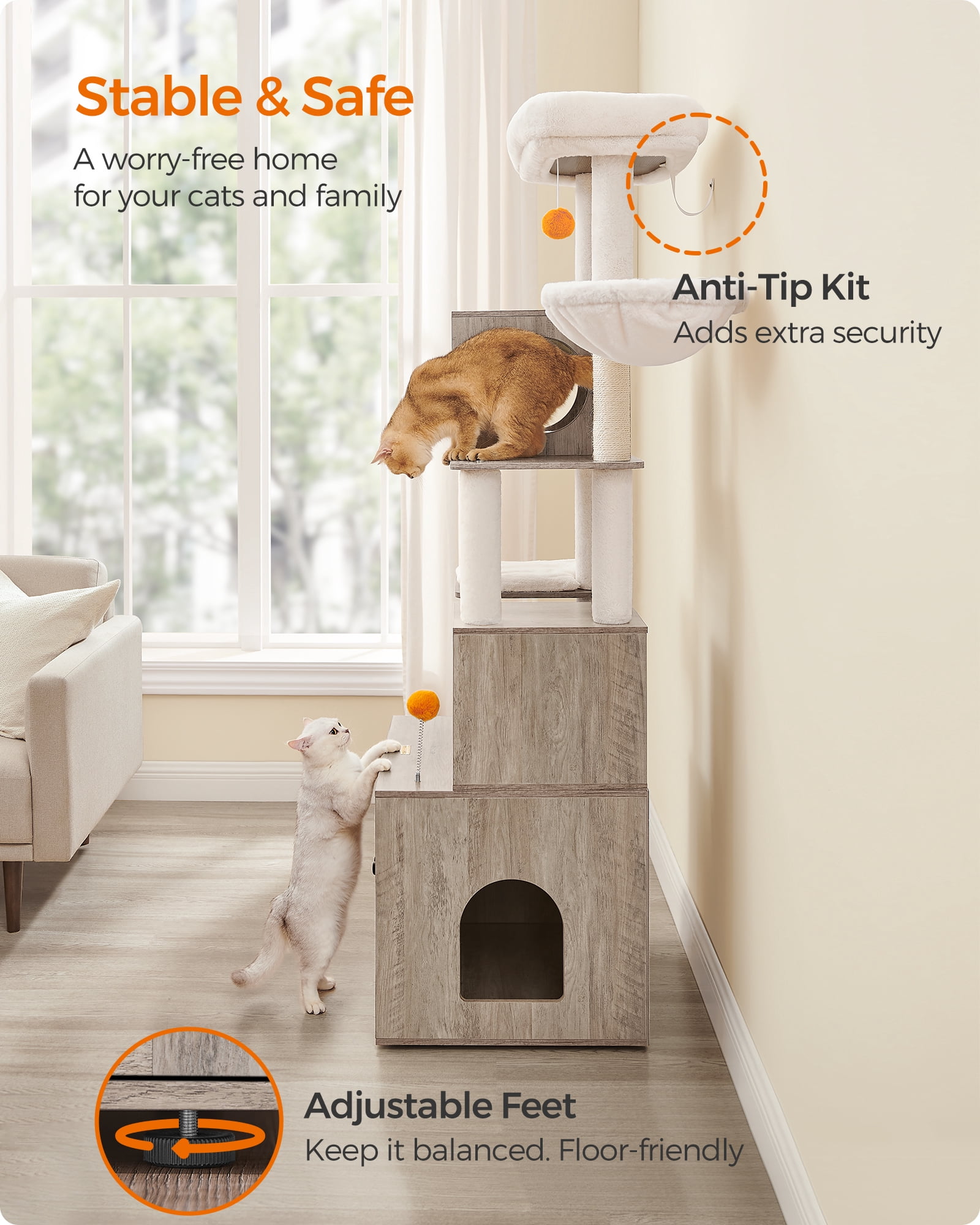 Cat Tree with Litter Box Enclosure - 2-in-1 Modern Cat Tower | 72.8-Inch Tall Condo with Scratching Posts, Perch, Caves, Basket, Washable Cushions, Greige