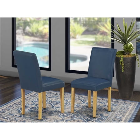 East West Furniture Abbott 35" Leather Dining Chairs in Oak/Blue (Set of 2)