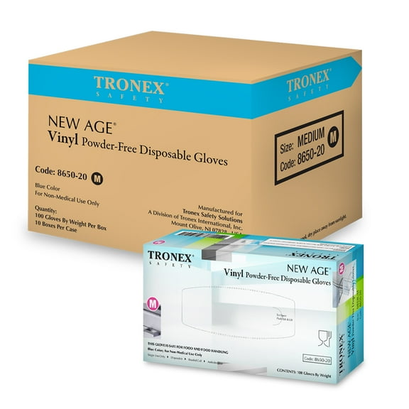 Tronex New Age Disposable Powder-Free Vinyl Gloves, Small, Blue, Case of 1,000 Gloves