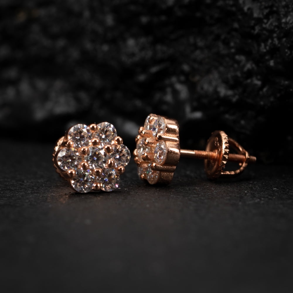 Round Cut 1.33Ct Natural VVS D Color Moissanite Earring Pink 14K Rose Gold 925 Sterling Silver Honey Comb Flower Set Cluster Hip Hop Screw Back Unisex Stud Earrings